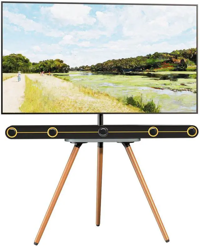 Main image of Easel TV-Stand for 43-65-Inch Screens - Portable Swivel Tripod TV Stand with Wooden Tray, Height Adjustable TV Floor Stand, Max Load 77 lbs, Max VESA 400x400 mm, Black