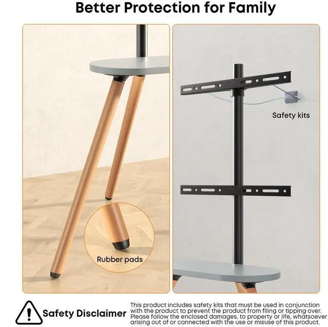 Alt view image 4 of 7 - Easel TV-Stand for 43-65-Inch Screens - Portable Swivel Tripod TV Stand with Wooden Tray, Height Adjustable TV Floor Stand, Max Load 77 lbs, Max VESA 400x400 mm, Black