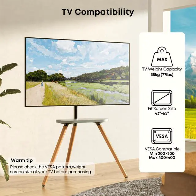 Alt view image 2 of 7 - Easel TV-Stand for 43-65-Inch Screens - Portable Swivel Tripod TV Stand with Wooden Tray, Height Adjustable TV Floor Stand, Max Load 77 lbs, Max VESA 400x400 mm, Black