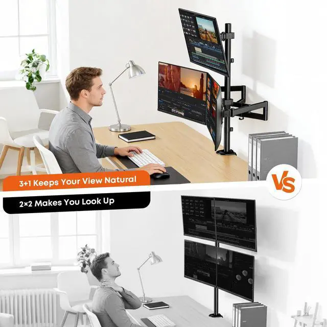 Alt view image 4 of 7 - Quad Monitor Mount for 17-27 Inches - Fully Adjustable Heavy Duty 4 Monitor Arm Desk Mount, Max Load 22lbs per Screen, Clamp/Grommet, VESA 75/100 mm, Black