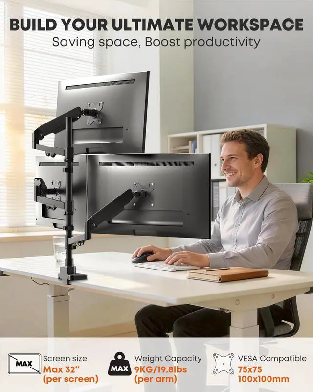 Alt view image 2 of 7 - Triple Monitor Mount for up to 32-inch Screens Heavy Duty Ultrawide Stand with Fully Adjustable, 9kg Gas Spring Arm (Each), VESA 75×75/100×100 mm, Black