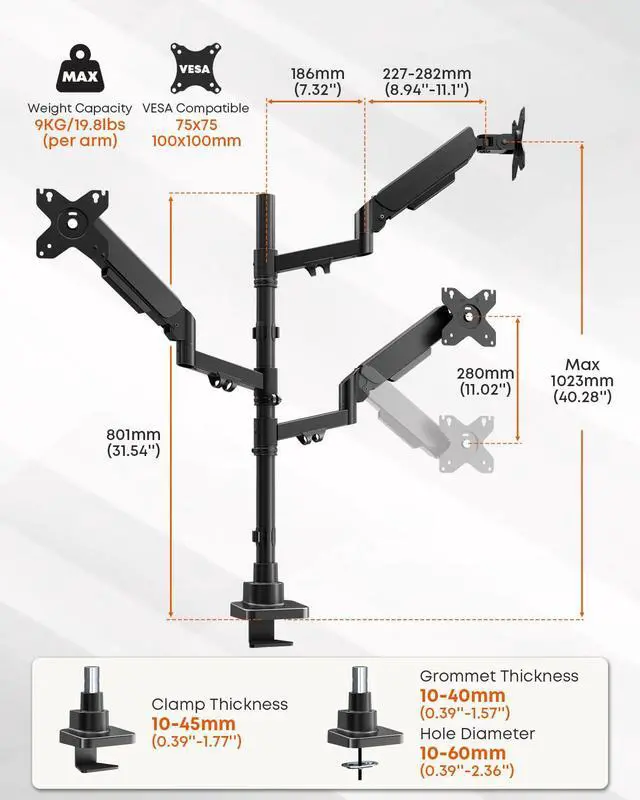 Alt view image 6 of 7 - Triple Monitor Mount for up to 32-inch Screens Heavy Duty Ultrawide Stand with Fully Adjustable, 9kg Gas Spring Arm (Each), VESA 75×75/100×100 mm, Black