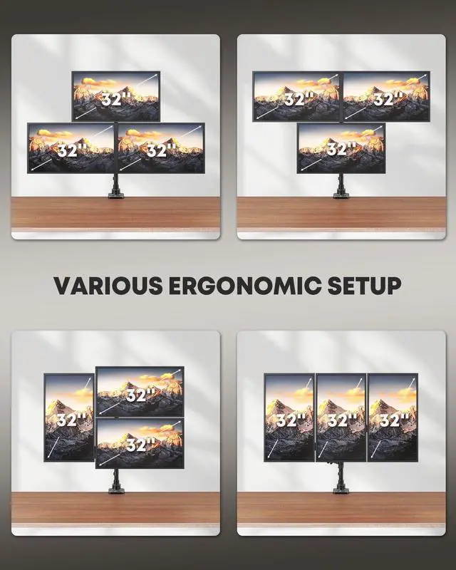 Alt view image 7 of 7 - Triple Monitor Mount for up to 32-inch Screens Heavy Duty Ultrawide Stand with Fully Adjustable, 9kg Gas Spring Arm (Each), VESA 75×75/100×100 mm, Black