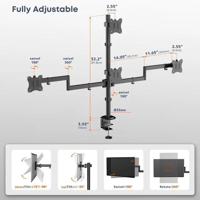 Alt view image 6 of 7 - Quad Monitor Mount for 17-27 Inches - Fully Adjustable Heavy Duty 4 Monitor Arm Desk Mount, Max Load 22lbs per Screen, Clamp/Grommet, VESA 75/100 mm, Black