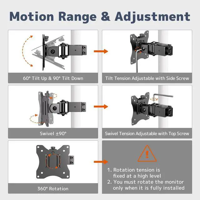 Alt view image 3 of 7 - Universal VESA Pole Mount for 17- 32 Screens,Holds to 22Lbs, Adjustable Monitor Mount with 75x75/100x100 VESA Plate, Tilt/Swivel/Rotation,Fits 1.377 Inch Diameter Pole,Black