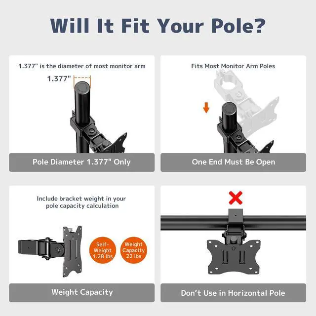 Alt view image 5 of 7 - Universal VESA Pole Mount for 17- 32 Screens,Holds to 22Lbs, Adjustable Monitor Mount with 75x75/100x100 VESA Plate, Tilt/Swivel/Rotation,Fits 1.377 Inch Diameter Pole,Black