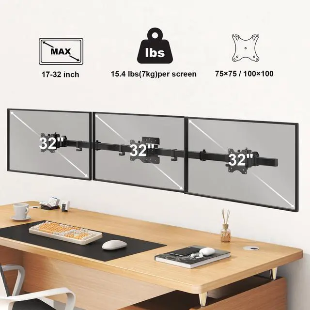 Alt view image 2 of 7 - Triple Monitor Wall-Mount for 17"-32" Screens - Adjustable Heavy Duty Three Wall Monitor Mount with Cable Management, Space-saving,Tilt, Swivel, Rotation, VESA 75/100 mm, Max 15.4lbs per Screen, Black