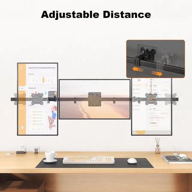 Alt view image 4 of 7 - Triple Monitor Wall-Mount for 17"-32" Screens - Adjustable Heavy Duty Three Wall Monitor Mount with Cable Management, Space-saving,Tilt, Swivel, Rotation, VESA 75/100 mm, Max 15.4lbs per Screen, Black