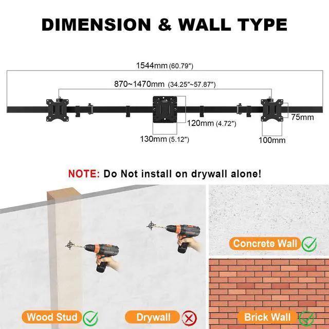 Alt view image 6 of 7 - Triple Monitor Wall-Mount for 17"-32" Screens - Adjustable Heavy Duty Three Wall Monitor Mount with Cable Management, Space-saving,Tilt, Swivel, Rotation, VESA 75/100 mm, Max 15.4lbs per Screen, Black