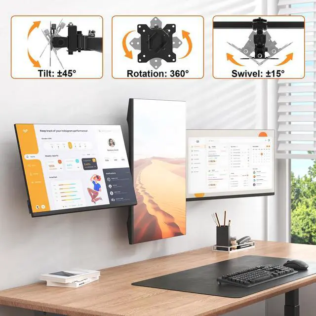 Alt view image 7 of 7 - Triple Monitor Wall-Mount for 17"-32" Screens - Adjustable Heavy Duty Three Wall Monitor Mount with Cable Management, Space-saving,Tilt, Swivel, Rotation, VESA 75/100 mm, Max 15.4lbs per Screen, Black