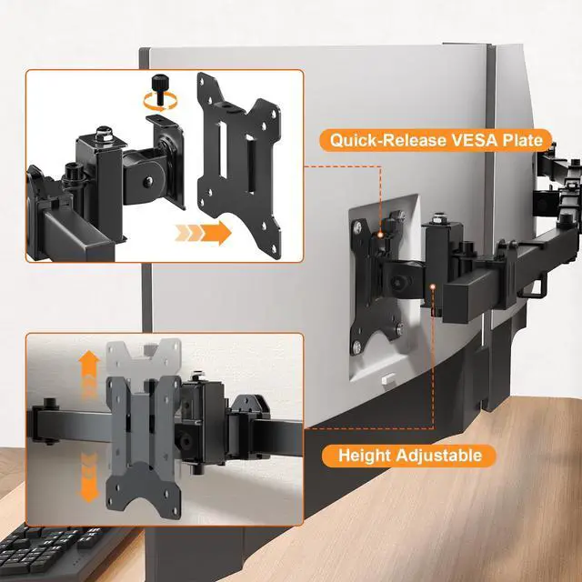 Alt view image 5 of 7 - Triple Monitor Wall-Mount for 17"-32" Screens - Adjustable Heavy Duty Three Wall Monitor Mount with Cable Management, Space-saving,Tilt, Swivel, Rotation, VESA 75/100 mm, Max 15.4lbs per Screen, Black