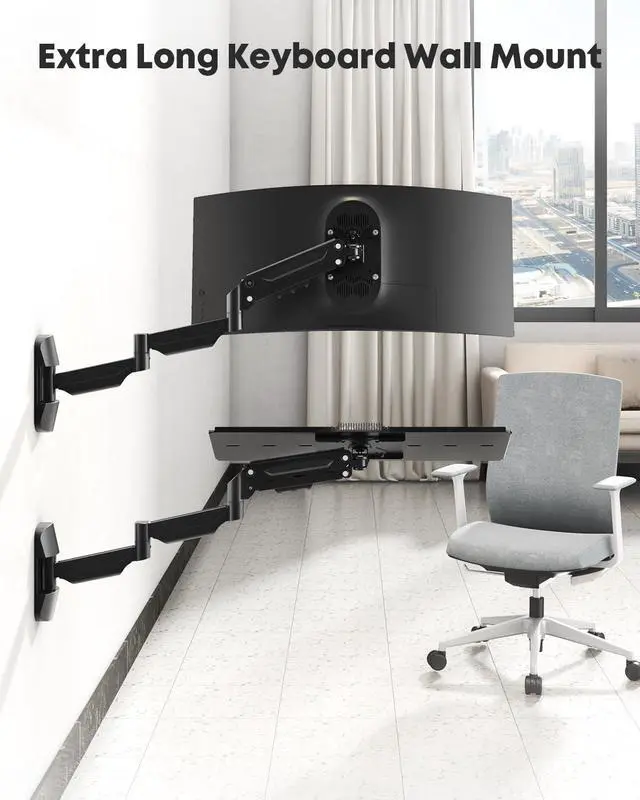 Alt view image 2 of 7 - Extra Long Keyboard Wall Mount - 26 Inch Wall Mount Keyboard and Mouse Tray, Full Motion Typing Platform with Spring Arm, Holds up to 19.8 lbs, Black