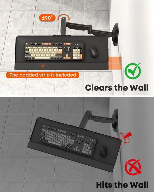 Alt view image 4 of 7 - Extra Long Keyboard Wall Mount - 26 Inch Wall Mount Keyboard and Mouse Tray, Full Motion Typing Platform with Spring Arm, Holds up to 19.8 lbs, Black
