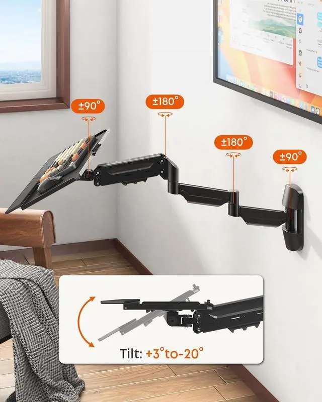 Alt view image 6 of 7 - Extra Long Keyboard Wall Mount - 26 Inch Wall Mount Keyboard and Mouse Tray, Full Motion Typing Platform with Spring Arm, Holds up to 19.8 lbs, Black
