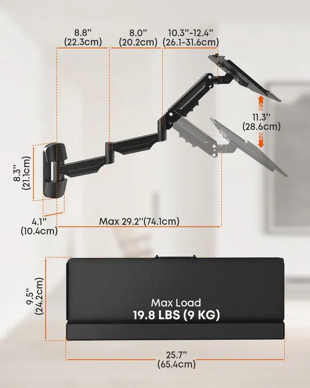 Alt view image 5 of 7 - Extra Long Keyboard Wall Mount - 26 Inch Wall Mount Keyboard and Mouse Tray, Full Motion Typing Platform with Spring Arm, Holds up to 19.8 lbs, Black