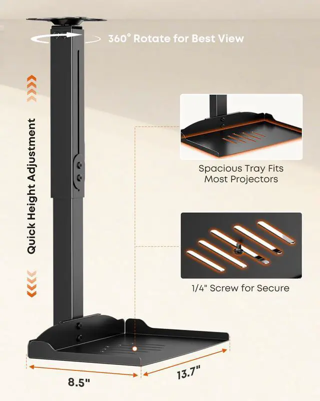Alt view image 3 of 7 - Universal Projector Ceiling Mount with Tray & 360° Swivel Arm, Adjustable Projector Shelf, Hidden Cable Management,No Hole Installation Holds up to 22lbs for Home Theater & Office, Black