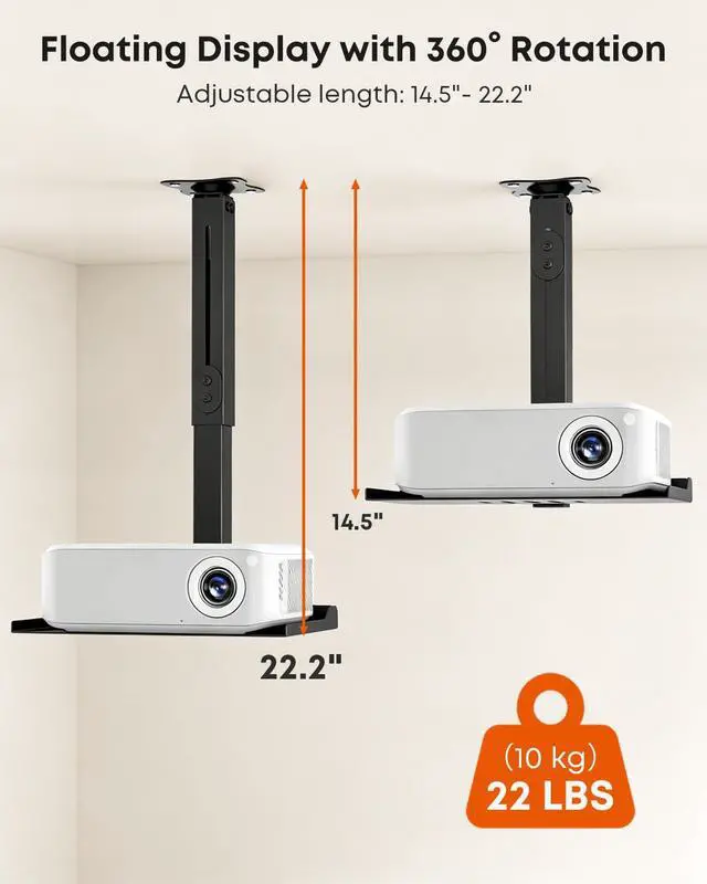 Alt view image 2 of 7 - Universal Projector Ceiling Mount with Tray & 360° Swivel Arm, Adjustable Projector Shelf, Hidden Cable Management,No Hole Installation Holds up to 22lbs for Home Theater & Office, Black