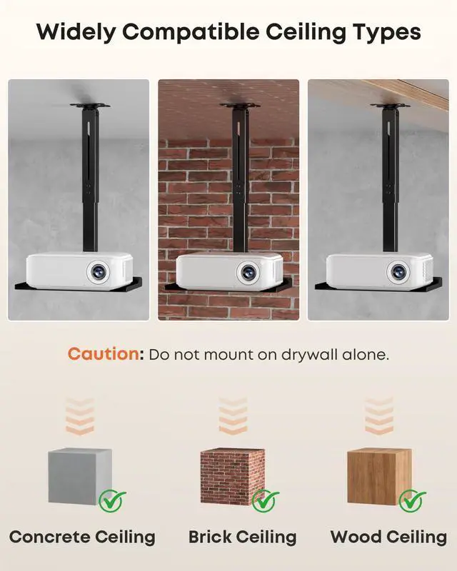Alt view image 5 of 7 - Universal Projector Ceiling Mount with Tray & 360° Swivel Arm, Adjustable Projector Shelf, Hidden Cable Management,No Hole Installation Holds up to 22lbs for Home Theater & Office, Black