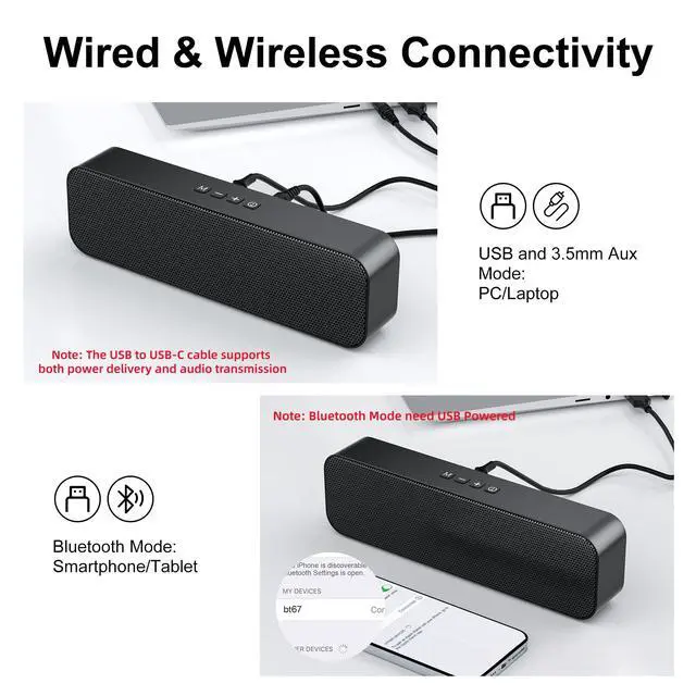 Alt view image 4 of 7 - Computer Speakers for Desktop PC,USB Powered & Plug and Play,with Bluetooth 5.3/3.5mm AUX,Small Laptop Soundbar with Stereo Fits Under Monitor for Office Work,Gaming,Music