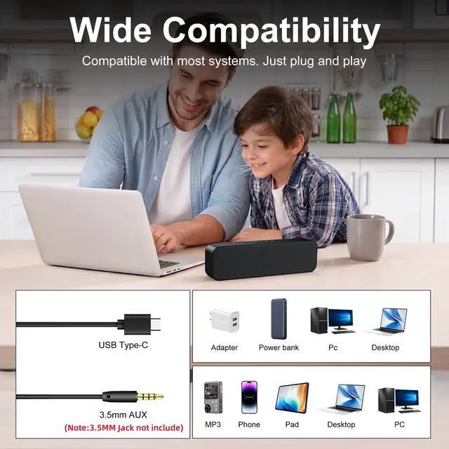 Alt view image 5 of 7 - Computer Speakers for Desktop PC,USB Powered & Plug and Play,with Bluetooth 5.3/3.5mm AUX,Small Laptop Soundbar with Stereo Fits Under Monitor for Office Work,Gaming,Music