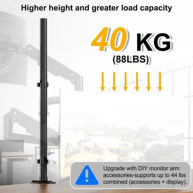 Alt view image 2 of 7 - Steel Extra Tall 32 Inch 2-Section Monitor Stand Pole - with Mounting Base, Heavy Duty Center Pole (Supports Up to Max. 88 lbs), 2 Mounting Options, Black