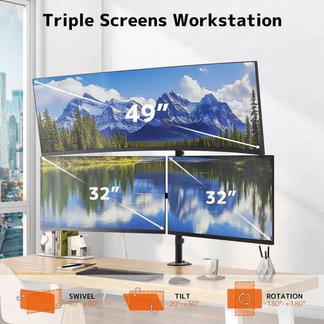 Alt view image 2 of 7 - Triple Monitor Mount for Up to 49" Ultrawide and 32" Monitors per Side Arm, Extra Tall 3 Monitor Desk Mount Holds up to 44 lbs, VESA 75/100 mm