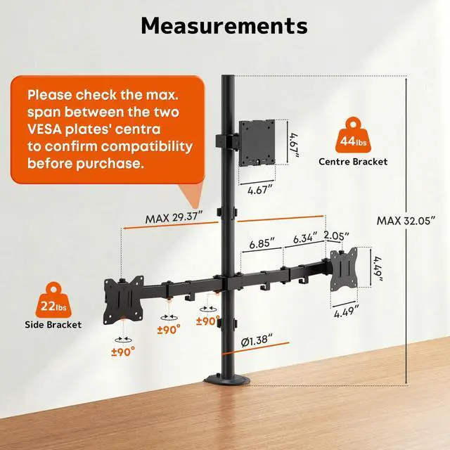 Alt view image 5 of 7 - Triple Monitor Mount for Up to 49" Ultrawide and 32" Monitors per Side Arm, Extra Tall 3 Monitor Desk Mount Holds up to 44 lbs, VESA 75/100 mm
