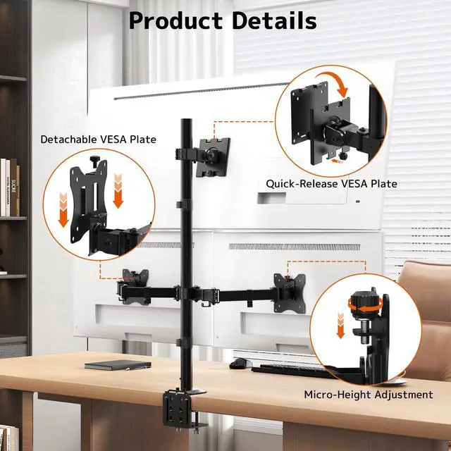 Alt view image 6 of 7 - Triple Monitor Mount for Up to 49" Ultrawide and 32" Monitors per Side Arm, Extra Tall 3 Monitor Desk Mount Holds up to 44 lbs, VESA 75/100 mm