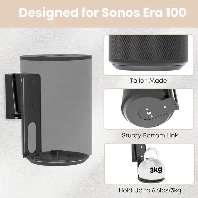 Alt view image 2 of 7 - Speaker Wall Mount for Sonos Era 100,Tilt & Swivel Speaker Shelf Bracket for Better Audio Enjoyment,Cable Management,Hold up to 6.6lbs (1 Pack Black)