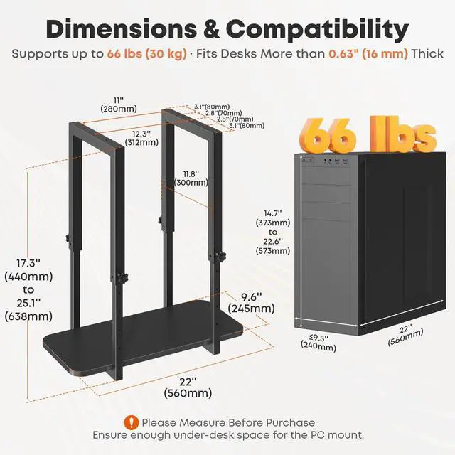 Alt view image 2 of 7 - Heavy Duty Under Desk PC Mount with Adjustable Height, Under-Desk Computer CPU Holder for PC Case, Space Saving Desk Mounted Computer Stand, Max Load 66 lbs, Black