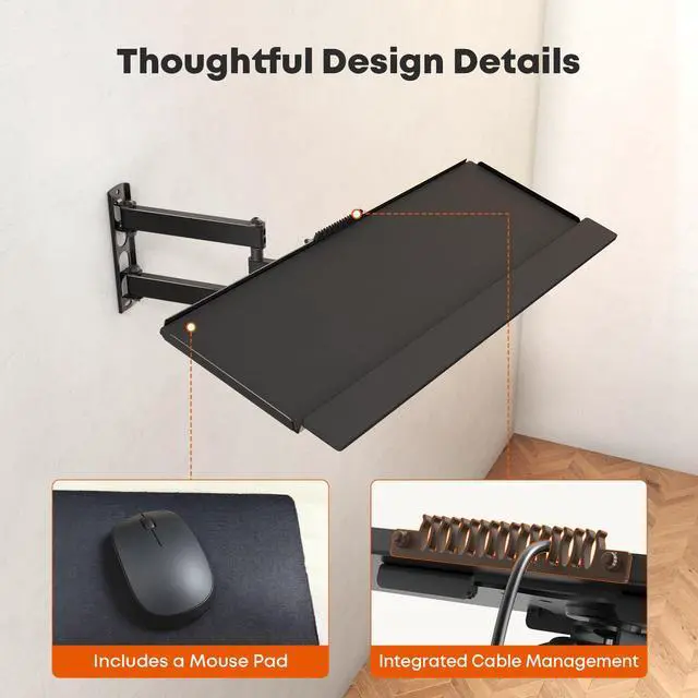 Alt view image 5 of 7 - Wall Mount Keyboard Tray with Adjustable Arm - Ergonomic Swivel & Tilt, Universal Keyboard and Mouse Tray for Home Office, Gaming & Streaming, 7.6"x25.8" Platform, Holds up to 19.8 lbs