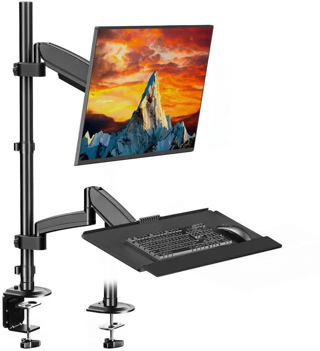 Main image of Sit Stand Monitor Desk Mount for 17-32 inch Screens, Height Adjustable Full-Motion Articulating Arm with Keyboard Tray,19.8 lbs Monitor & 2.2lbs Tray Capacity, C-Clamp & Grommet Mount,Black