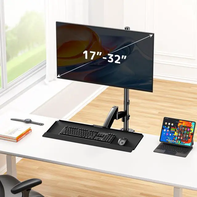 Alt view image 2 of 7 - Sit Stand Monitor Desk Mount for 17-32 inch Screens, Height Adjustable Full-Motion Articulating Arm with Keyboard Tray,19.8 lbs Monitor & 2.2lbs Tray Capacity, C-Clamp & Grommet Mount,Black