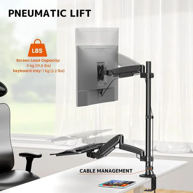 Alt view image 5 of 7 - Sit Stand Monitor Desk Mount for 17-32 inch Screens, Height Adjustable Full-Motion Articulating Arm with Keyboard Tray,19.8 lbs Monitor & 2.2lbs Tray Capacity, C-Clamp & Grommet Mount,Black