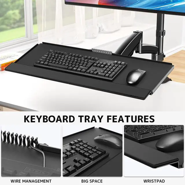 Alt view image 4 of 7 - Sit Stand Monitor Desk Mount for 17-32 inch Screens, Height Adjustable Full-Motion Articulating Arm with Keyboard Tray,19.8 lbs Monitor & 2.2lbs Tray Capacity, C-Clamp & Grommet Mount,Black
