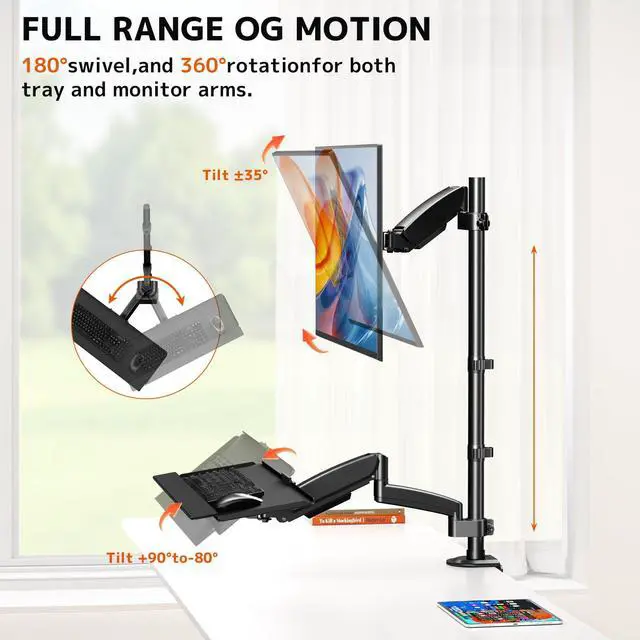Alt view image 3 of 7 - Sit Stand Monitor Desk Mount for 17-32 inch Screens, Height Adjustable Full-Motion Articulating Arm with Keyboard Tray,19.8 lbs Monitor & 2.2lbs Tray Capacity, C-Clamp & Grommet Mount,Black