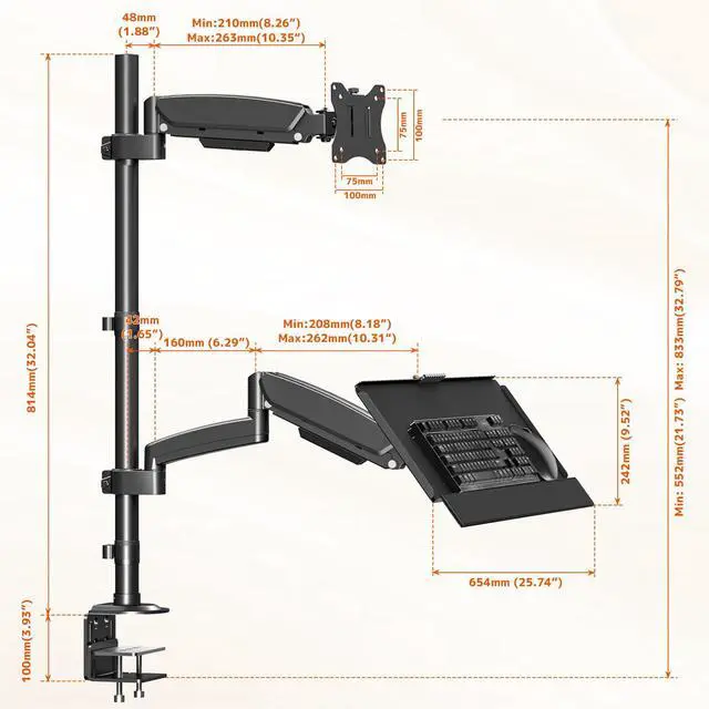 Alt view image 7 of 7 - Sit Stand Monitor Desk Mount for 17-32 inch Screens, Height Adjustable Full-Motion Articulating Arm with Keyboard Tray,19.8 lbs Monitor & 2.2lbs Tray Capacity, C-Clamp & Grommet Mount,Black