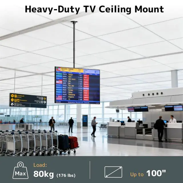 Alt view image 2 of 7 - Ceiling TV Mount for 50-100 Inch Flat & Curved TVs up to 176lbs, Full Motion 360° Rotation TV Bracket with Adjustable Height, Tilt & Swivel, Max VESA 800x600mm, Fits LCD LED OLED 4K Screens, Black