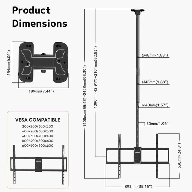 Alt view image 6 of 7 - Ceiling TV Mount for 50-100 Inch Flat & Curved TVs up to 176lbs, Full Motion 360° Rotation TV Bracket with Adjustable Height, Tilt & Swivel, Max VESA 800x600mm, Fits LCD LED OLED 4K Screens, Black