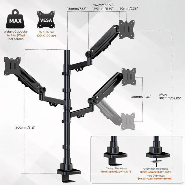 Alt view image 3 of 7 - Triple Monitor Mount for up to 35-inch Screens Heavy Duty Ultrawide Stand with Fully Adjustable, 12kg Gas Spring Arm (Each), VESA 75×75/100×100 mm, Black