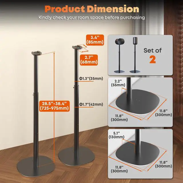 Alt view image 5 of 7 - Speaker Stands for Sonos Era 100 SL, Era 100 & Era 300 - Height Adjustable Floor Stands 29.1''39'', Dual-Mount Base Design, Concealed Cable Management, 11 lbs Max Load, Pack of 2, Black