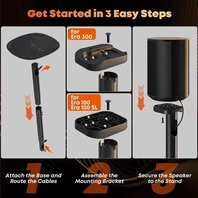 Alt view image 7 of 7 - Speaker Stands for Sonos Era 100 SL, Era 100 & Era 300 - Height Adjustable Floor Stands 29.1''39'', Dual-Mount Base Design, Concealed Cable Management, 11 lbs Max Load, Pack of 2, Black