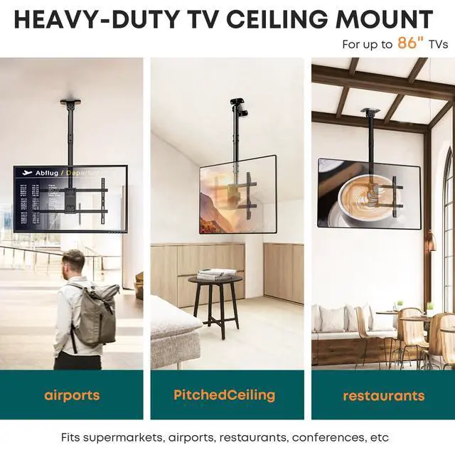 Alt view image 2 of 6 - Ceiling TV Mount for 43-86 Screens, Hanging TV Bracket with Height Adjustable Pole Fits Most LCD LED OLED 4K TVs Supports up to 132lbs, Max VESA 600x400mm,Black