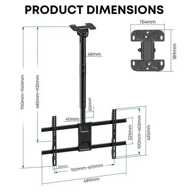 Alt view image 5 of 6 - Ceiling TV Mount for 43-86 Screens, Hanging TV Bracket with Height Adjustable Pole Fits Most LCD LED OLED 4K TVs Supports up to 132lbs, Max VESA 600x400mm,Black