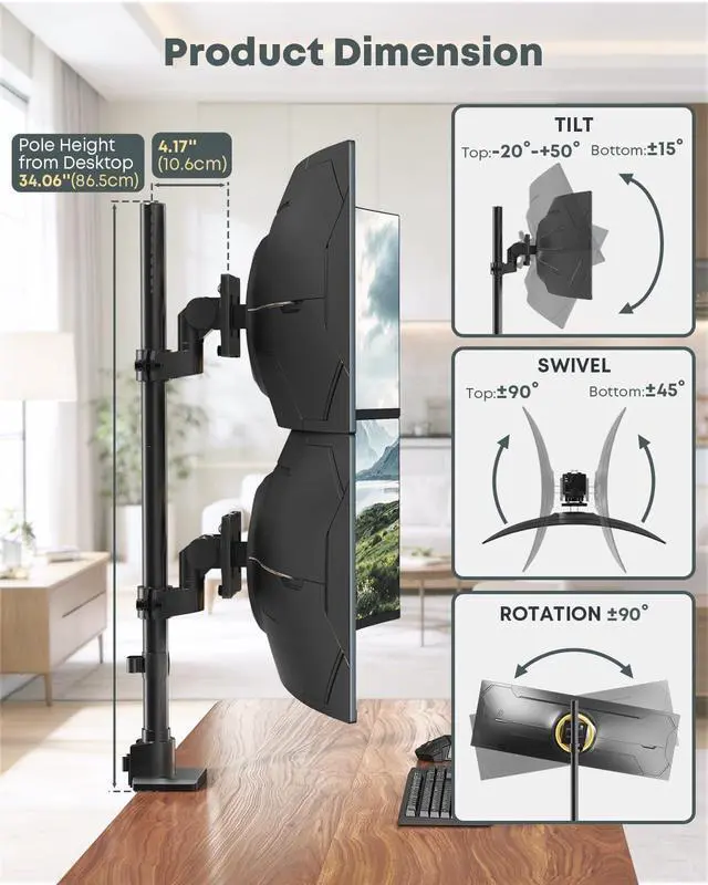 Alt view image 5 of 7 - Dual Monitor-Arm Ultrawide Heavy Duty - 24-57 inch Vertical Dual Monitor Mount, Adjustable Stacked Double Monitor Desk Mount Stand, Max Load 59.4 lbs (per Arm), VESA 75/100 mm, Black