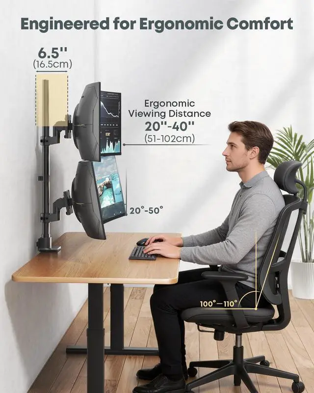 Alt view image 4 of 7 - Dual Monitor-Arm Ultrawide Heavy Duty - 24-57 inch Vertical Dual Monitor Mount, Adjustable Stacked Double Monitor Desk Mount Stand, Max Load 59.4 lbs (per Arm), VESA 75/100 mm, Black