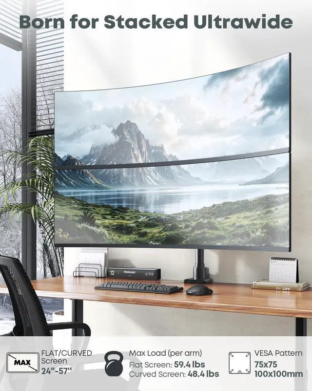 Alt view image 2 of 7 - Dual Monitor-Arm Ultrawide Heavy Duty - 24-57 inch Vertical Dual Monitor Mount, Adjustable Stacked Double Monitor Desk Mount Stand, Max Load 59.4 lbs (per Arm), VESA 75/100 mm, Black