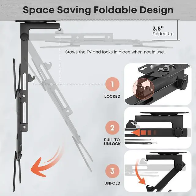 Alt view image 3 of 7 - Flip Down TV Mount, Manual Folding Ceiling TV Mount for Most 23'' to 55'' TVs, Height Adjustable Drop Down TV Mount for Flat & Pitched Roof, Swivel, Max Load 44lbs, Max VESA 400x400, Black