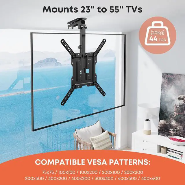 Alt view image 6 of 7 - Flip Down TV Mount, Manual Folding Ceiling TV Mount for Most 23'' to 55'' TVs, Height Adjustable Drop Down TV Mount for Flat & Pitched Roof, Swivel, Max Load 44lbs, Max VESA 400x400, Black