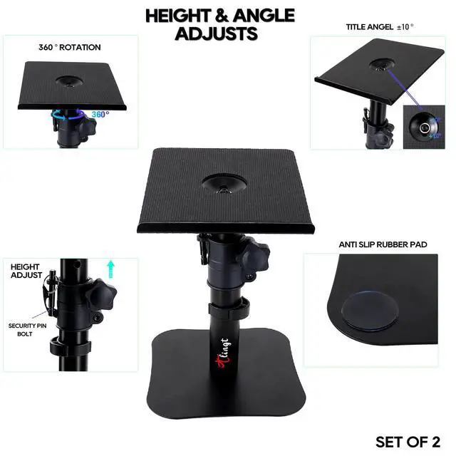 Alt view image 3 of 7 - Desktop Speaker Stands Pair, Sturdy Flat Base, Height & Tilt Adjusts